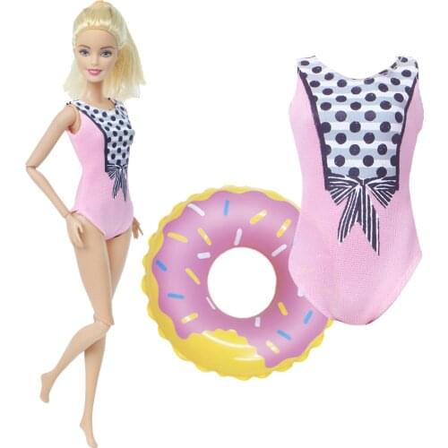 Handmade Doll Swimsuit One piece set Bikini Pink Lovely Wave Point Swimwear + Random Swim Ring Accessories for Barbie Doll Toy