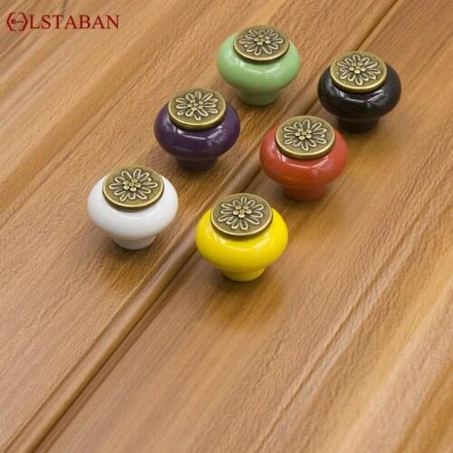 LSTABAN European Style Cupboard Wardrobe Drawer Shoe Cabinet Door Black And White Antique Copper Single Hole Ceramic Handle