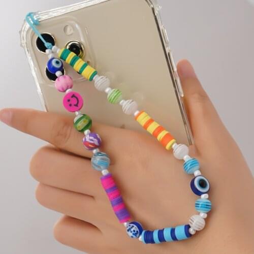 Trend Evil Eye Women Mobile Phone Chain Colorful Soft Pottery Acrylic Striped Round Bead Women Cellphone Accessories
