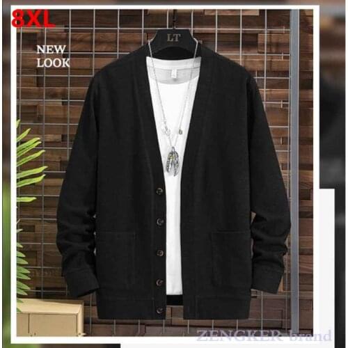 Spring plus size knitted cardigan jacket mens casual sweater black loose plus size buttons outer sweater tide 7XL 8XL