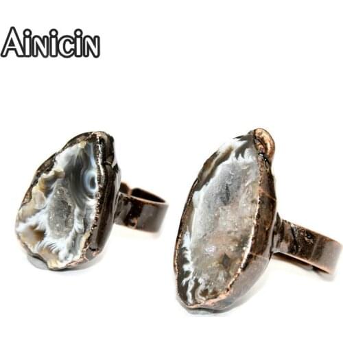 Natural Geode Druzy Agate Gray White Marbling Antique Bronze Plating Adjustable Rings For Fashion Women Jewelry 10pcs