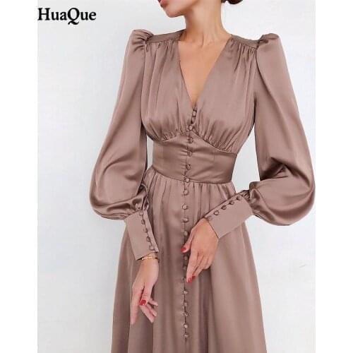 Womens Satin Dress Elegant Sexy V-neck Ladies Long Sleeve Lantern Sleeve Ladies Party Single-breasted long dresses for women