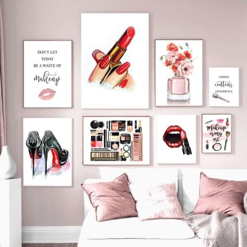 Lipstick Perfume Brush High Heels Flowers Wall Art Canvas Painting Nordic Posters And Prints Wall Pictures For Living Room Decor