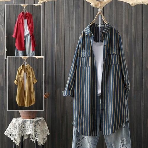 Oversized 4XL Cotton Linen Women Shirts Summer Vintage Turn-Down Collar Striped Loose Pocket Casual Female Outwear Tops