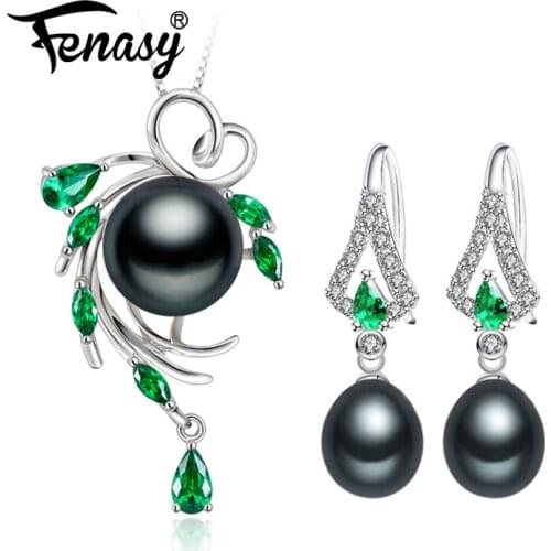 FENASY Pearl Jewelry Sets Bohemian 925 sterling silver Pearl Pendant Necklace Earrings For Women Emerald natural ethnic earrings