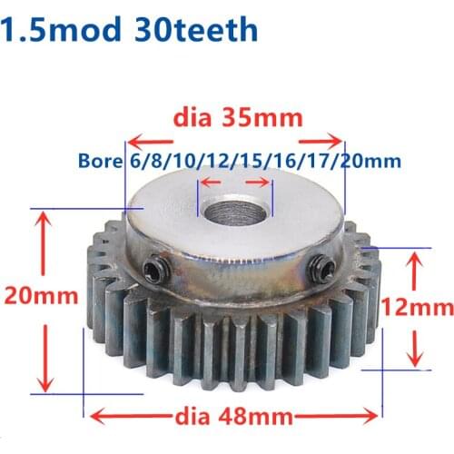 Quench Spur Gear pinion 1.5M 30T 30Teeth Mod 1.5 Width 12mm Bore 6-15mm Right Teeth major gear cnc gear rack transmission RC