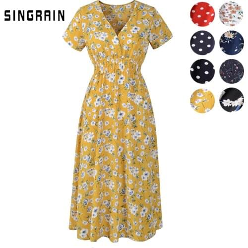 SINGRAIN Summer Women Bohemian Floral Dress V Neck Print Chiffon Dresses Beach Short Sleeves Dot Midi Dress Elegant long dress