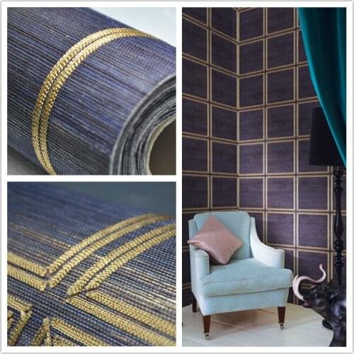 Blue color dark golden metallic backing sisal wallpaper for living room spa decoration