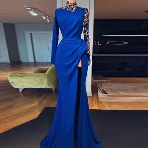 High Collar Evening Dresses Mermaid / Trumpet Hunter Sweep/Brush Party Gowns Applique Beading long-sleeved Fold Party Dresses