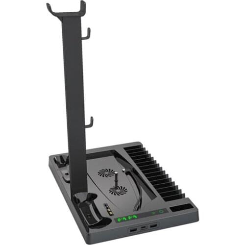 Vertical Stand Cooling Fan Dual Controller Charging Station Headset Stand with Indicator Lamps 15 Game Storage for PS5