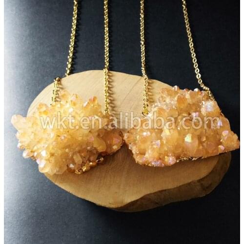 WT-N531 Charming Yellow stone natural crystal quartz with gold chain in high quality double loops fashion necklace