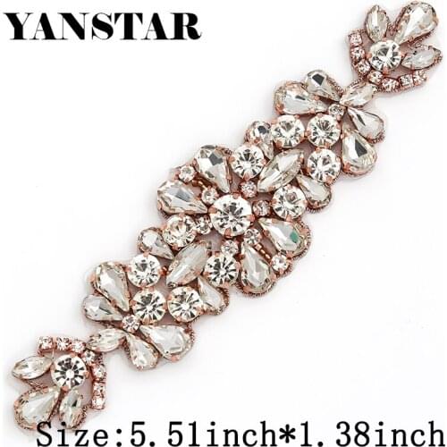 YANSTAR (10pcs)Wholesale 14*5CM Bridal Sash Rose Gold Crystal Rhinestones Appliques Accessory For Bridal Gown Belt YS982