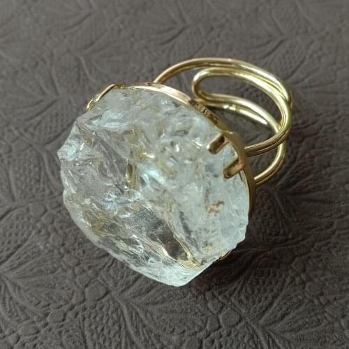 YYGEM Natural Clear Rough Quartz Druzy Raw Rings Gold Electroplate Resizable Size