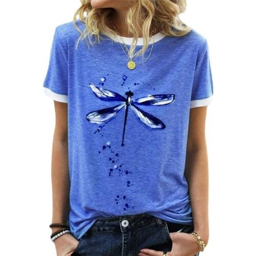 Dragonfly Print Women 2021 New Summer T-Shirt Loose Short Sleeve O-Neck Tee Casual Fashion Streetwear White Blue Female Clothing