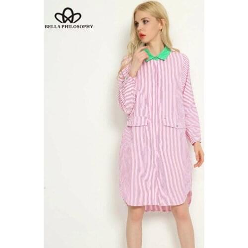 Bella Philosophy spring summer Women 's Pockets Decorative Loose Long Stripe Shirt