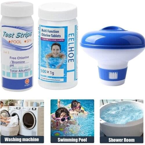 1set Pool Cleaning Tools Floating Chlorine Swimming Pool Dispenser Cleaning Tablet Kit Effervescent Tablet + Ph Test Paper