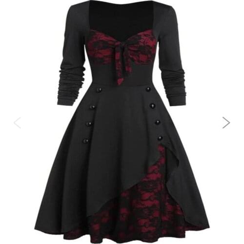 2020 New Women Lace Insert Button Bowknot Vintage Solid Color Simplicity Long Sleeves Stylish Plus Size Party Dress