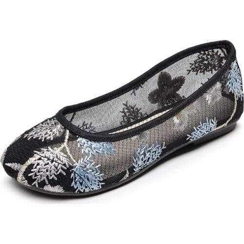 2021 Summer Women Flats Gauze Breathable Mesh Floral Embroidered Soft Ballerina Shoes Woman Zapatos Mujer Casual