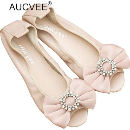 AUCVEE Plus Size 34-43 Genuine Leather Shoes Open Toe Sweet Bow Ballet Flat Womens Sandals Bling Crystal Slip On Mocassin Shoes
