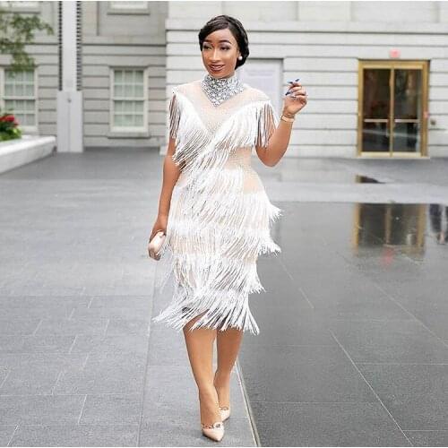 Shining Rhinestones White Tassel Perspective Dress Birthday Celebrate See Through Mesh Dress Fringes Costume Dance Dress