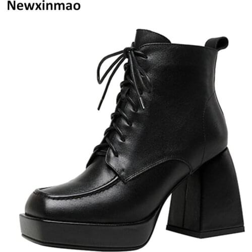 2021 New Fashion Sexy Women Ankle Boots Side Zipper Genuine Leather Cross-Tied Autumn Winter Shoes Woman Thick Heels