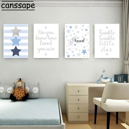 Nursery Art Print Stars Canvas Painting Custom Name Prints Baby Poster Childern Paintings Nordic Wall Pictures Boy Bedroom Decor
