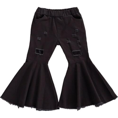 2020 Children Girl Flare Pants Toddler Kids Baby Solid Holes Ripped Boot Cute Flare Long Pants Denim Bell-bottomed Trousers