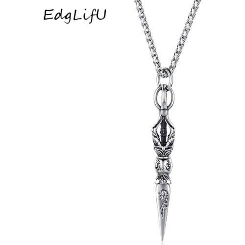 EdgLifU Mens Retro Six-word Mantra Vajra Pendant Necklaces Buddhist big Mantra bodyguard Long Chain Necklace jewelry for Man