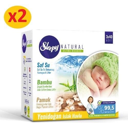 Sleepy Natural Newborn Wet Cotton Bamboo Towel 2x(3x40) (240 Sheets)