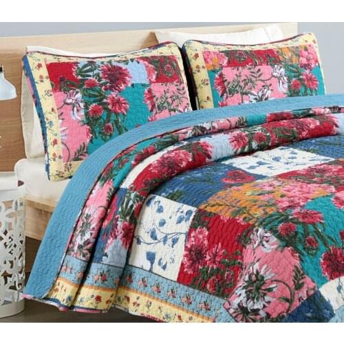 GXC Flowers Print Quilt Set 3PCS Quilted Bedspreads Cotton Quilts Bed Cover Pillowcase King Queen Size Coverlet Blanket