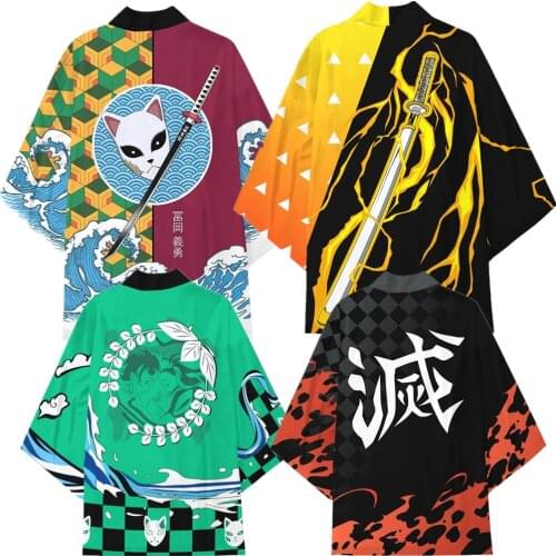 Anime Jacket Demon Slayer Agatsuma Zenitsu Kamado Tanjirou Kisatsutai Cosplay Costume Coat Uniform Cloak Tops Kimono Haori Shirt