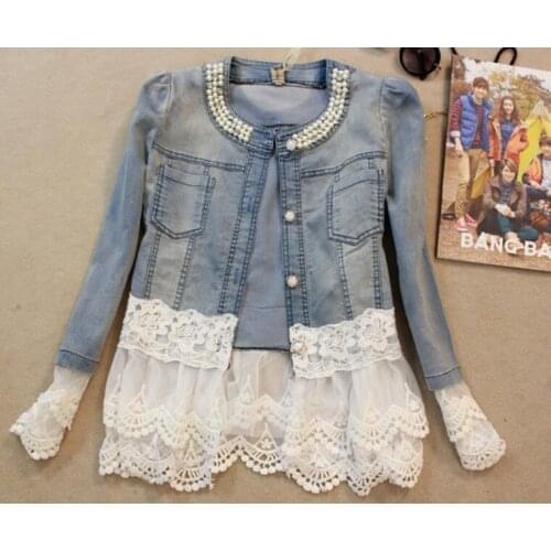 Elegant floral lace denim jacket coat women Casual short basic jacket Beading Patchwork Slim jean jackets Plus size 3XL