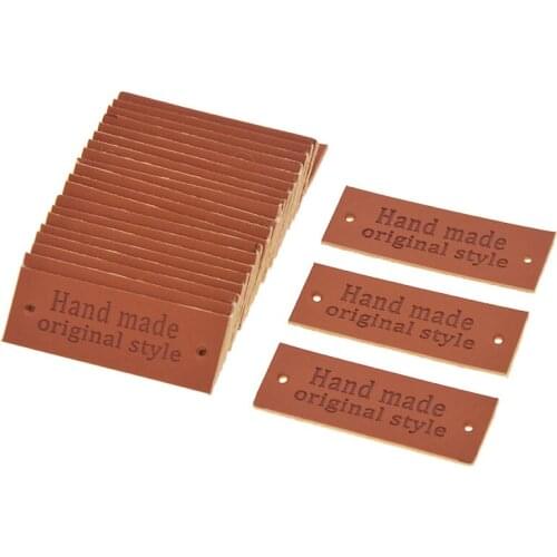 Lychee Life 24Pcs Handmade PU Leather Tags Rectangle Embossed Original With Hand Made Label DIY Flag Labels For Garment Sewing