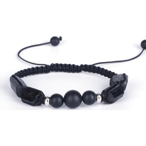 Mineral Stone Bead Black Healing Rough Tourmaline Semi Precious Charm Round Matte Onyx Adjustable Macrame Weave Unisex Bracelet