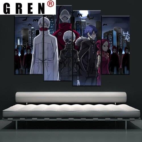 GREN Canvas 13 Styles Japan Anime Tokyo Ghoul 4 Panels Modular Pictures Posters Wall Art Home Decor Paintings House Decor