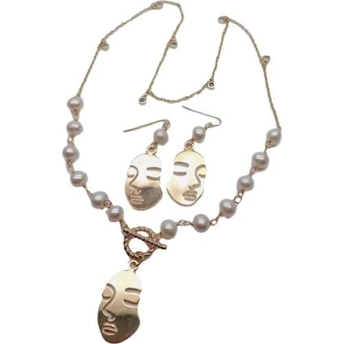 Freshwater White Pearl Chain choker Necklace Earrings Set Minimalist Facial Pendant necklace for women