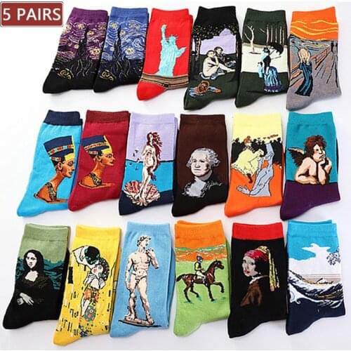 5 Pairs Women/Men Cotton Art Van Gogh Socks With Print Funny Autumn Winter Retro Painting Socks Mural Fashion Happy Mens Sock