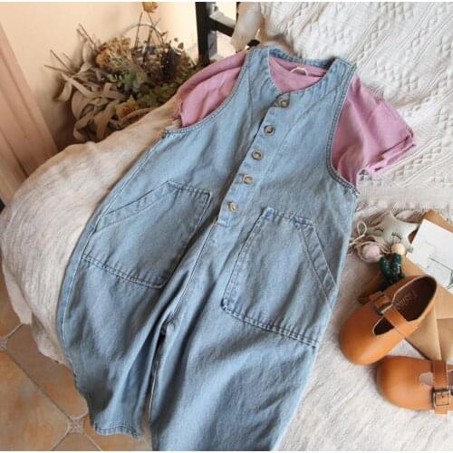 2021 new stylish girls boys denim overalls fashion summer cotton kids jumpsuit