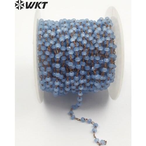 WT-RBC046 Wholesale 5 Meter Natural Blue Gray Color Beads In Gold Wire Wrapped Rosary Chain For Women Stylish Jewelry Making