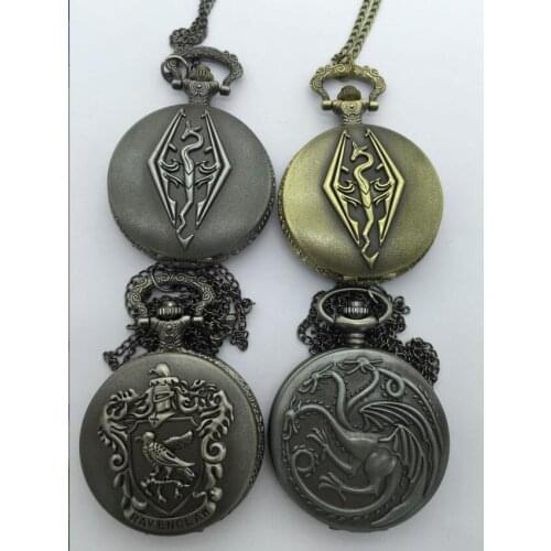 Wholesa Elder Scrolls V Pocket Watch Dragon born Necklace Vintage Fashion Modern Dragon Pendant Men Quartz Bronze Retro Clock