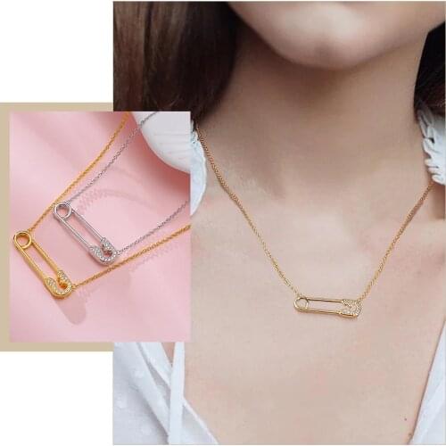 Luxury Bling CZ Stone Pin Necklaces for Women, Gold Tone Collar Gift for Her Jewelry,Length 45-50cm