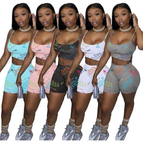 S-XL two piece set women clothing 2021 solid letter print sling tank top and shorts summrt outfits Wholesale Dropshipping