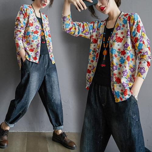 Sweater Womens Spring and Autumn Retro Printing Loose Wild Cardigan Jacket Casual Sweater Long-sleeved Shirt Knitwear Tops R73