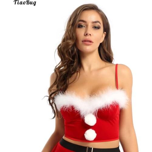 TiaoBug Women Bustier Underwired Bra Crop Top Faux Fur Trimming Fuzzy Ball Decor Flannel Corset Christmas Theme Party Costume