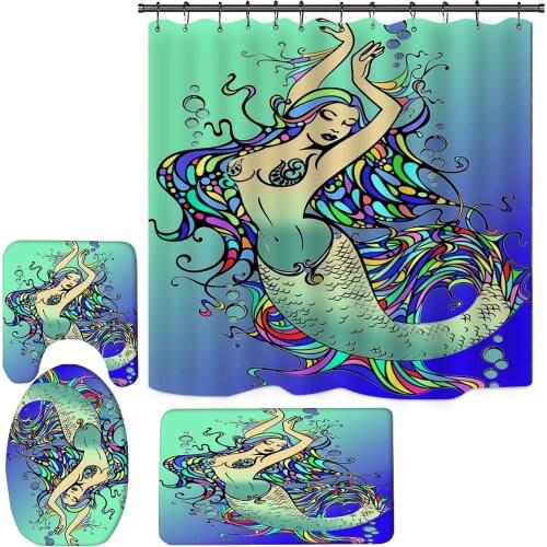 Mermaid Shower Curtain For Adult Kids Bath 3D Print 4 Piece Accessories Set Soft Toilet Mat Pad Landscape Bathroom Decor