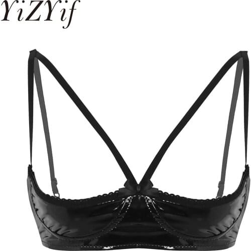 YiZYiF Women Shiny Stretch Bra Sheer Exposed Nipples Bra Open Cup Bra Sexy Lingerie Faux Leather Wire-free Unlined Bra For Women