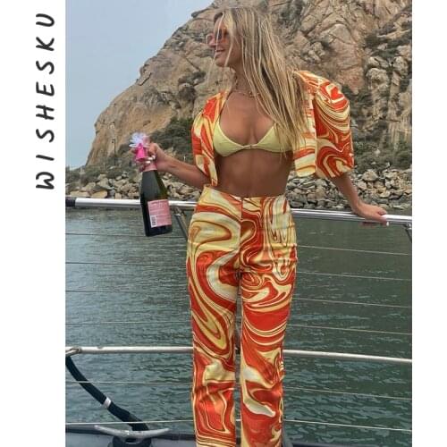 Women Two Piece Set Swamp Print Outfits Sexy Puff Short Sleeve Cropped Tops + High Waist Casual Pants 2021 Summer Streetwear