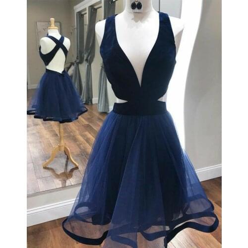 Sexy Short Deep V-Neck Navy Blue Homecoming Dresses A-Line Knee Length Criss Cross Zipper Back Graduation Dresses for Juniors