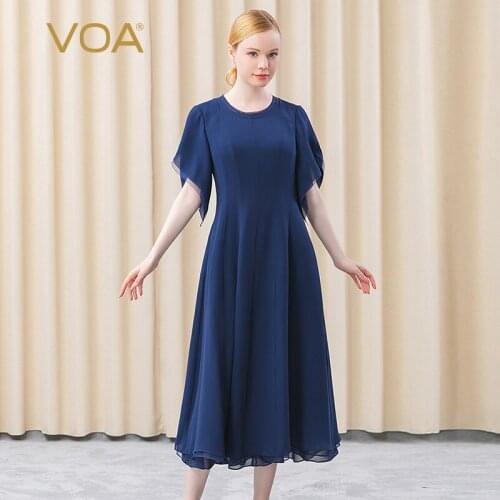 VOA Silk Multi-layer Collar Simple Collision Splicing Ruffled Short Sleeve Middle Waist Dai Blue Lady Big Pendulum Dress AE630