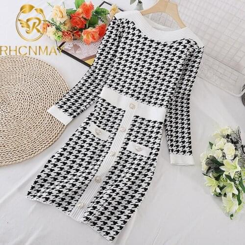 New 2021 Autumn Winter Knitted Houndstooth Dress Chic Women O Neck Black White Plaid Silver Button Bodycon Pencil Slim Dresses